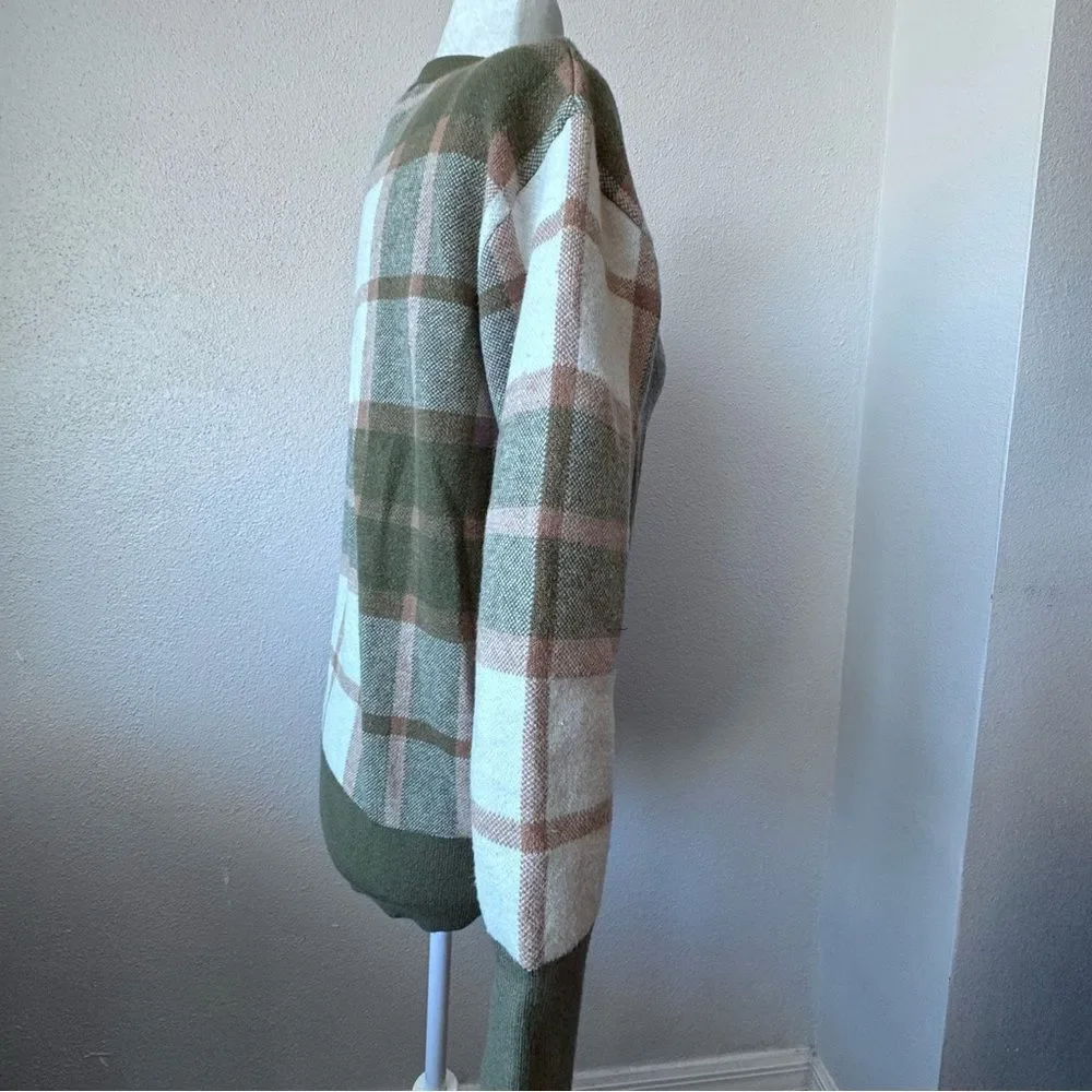 Rachel Zoe Plaid Sweater Brown Green White Cardigan Preppy Classic SZ XS